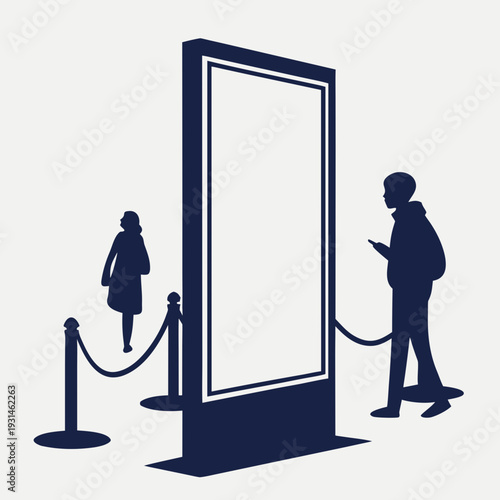 People viewing a large blank vertical display screen at an exhibition or event.