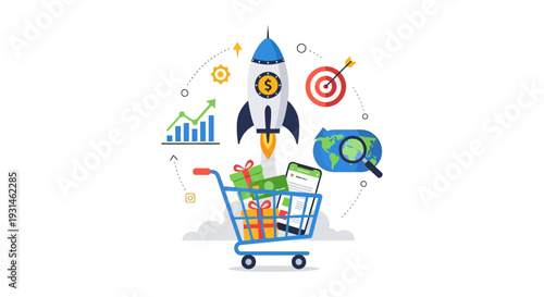 E-commerce Business Growth Concept: Online Shopping, Global Marketing, Sales Strategy, and Success Launch