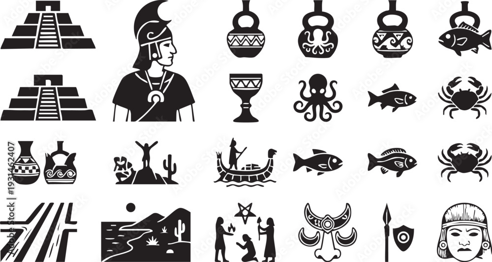 Naklejka premium South american indigenous cultural symbols ancient artifacts and figures