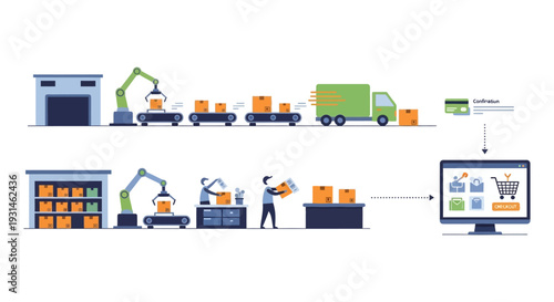 E-commerce Order Fulfillment & Delivery Process with Warehouse Automation and Online Shopping Logistics