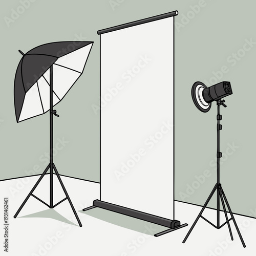 Professional photography studio setup with lighting equipment and backdrop.