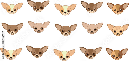 Cute Chihuahua Dog Faces Vector Set with Different Brown and Beige Puppy Head Expressions Collection