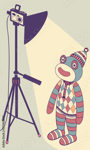 Sock puppet frog posing for a photoshoot with studio lighting.
