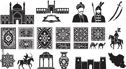 Persian history with traditional architecture, ancient ruler, warrior, sabers, rugs, ornate tiles, map of iran, archer, vase, gate, fortress