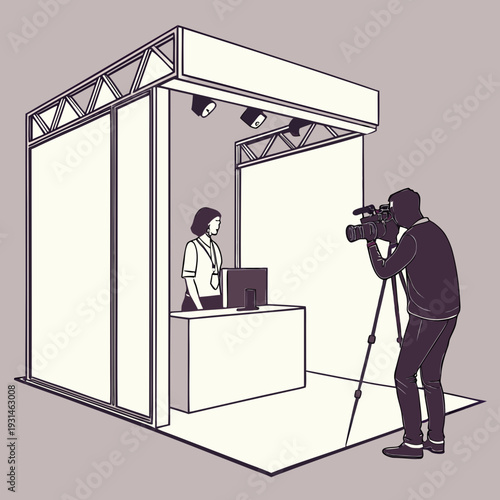 Videographer filming a woman at an exhibition booth.