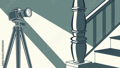 Vintage Camera on Tripod Illuminating a Staircase in a Classic Interior.