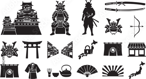 Samurai warrior with katana sword and traditional japanese castle, torii gate, historic buildings, armor, arch, fan, map of japan, kimono, tea ceremony set