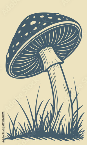 Vintage Engraving Style Mushroom Illustration with Grass.