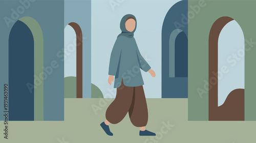 Minimalist illustration of a woman in hijab walking through arches