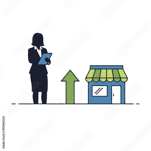 Woman in Business Suit Holding Tablet Near Storefront.