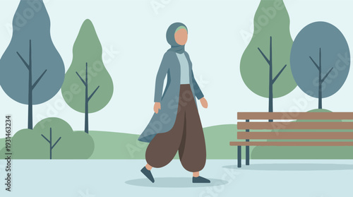 Minimalist illustration of a woman in a hijab walking in a serene park