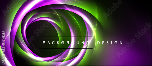 Abstract swirling neon lights create dynamic background. Purple, green hues dominate dark space. Text reads background design.