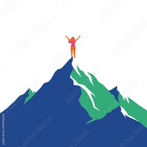 Woman Standing on Mountain Peak Arms Raised.