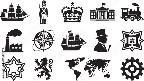 British empire and victorian era industrial history silhouette icons