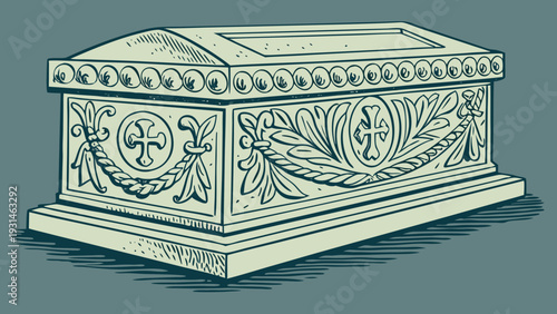 Ancient Ornate Stone Sarcophagus with Religious Carvings.