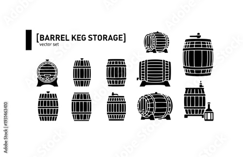 Barrel Keg Storage Vector Set - Black Silhouette Illustrations, Wooden Container Graphics, Barrel Icons, Storage Keg Design Elements