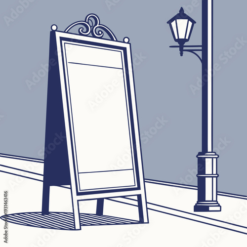 Blank Aframe sidewalk sign with ornate top next to a vintage street lamp on a city street.