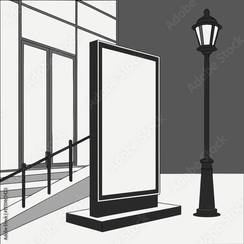 Blank billboard on city street with lamppost and building in background.