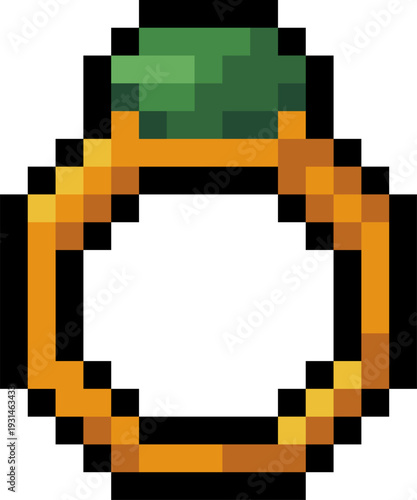 Pixel art gold ring icon in retro 8 bit style. RPG jewelry item for treasure, loot and character item equipment. Arcade game asset isolated for UI and fantasy mobile game design.