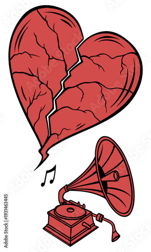 Broken Heart and Gramophone Music Illustration.