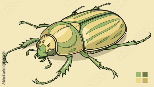 Closeup illustration of a detailed green and yellow beetle.