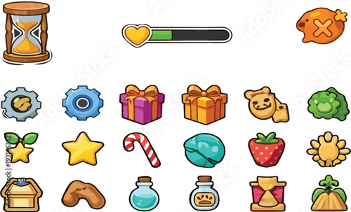 Cute game interface icons vector illustration set with gifts stars potions food and progress bar isolated
