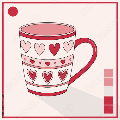 Cute pink and red heart patterned mug illustration.
