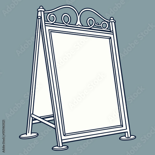 Elegant Aframe sidewalk sign with ornate top and blank white display.