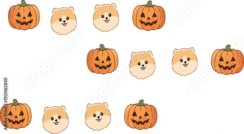 Cute Halloween pumpkin and dog face seamless pattern vector illustration for festive autumn holiday backgrounds and decorations
