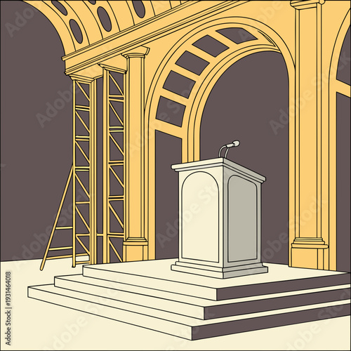 Empty Podium and Stage in a Grand Hall Ready for a Public Event.