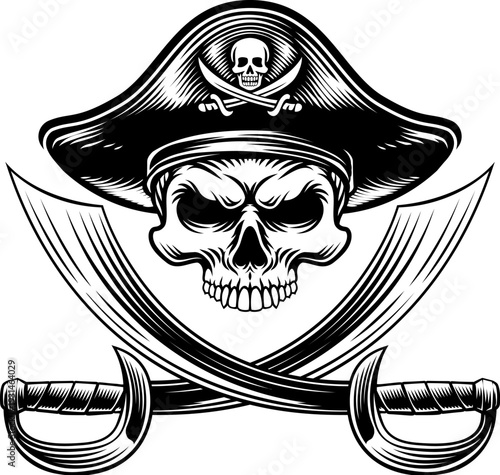Pirate skull crossbones wearing a tricorn captain hat with crossing sabers or scimitar cutlass pirate swords. In a vintage retro woodcut style.