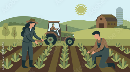Agricultural landscape with farmers, tractor, barn, and crops illustration
