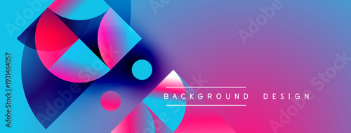 Abstract geometric shapes blend vibrant blues, pinks, purples. Gradient background creates dynamic visual effect. Modern design elements present.