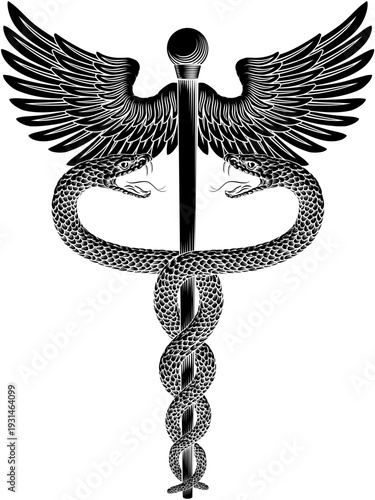 Caduceus staff of Hermes medical or commerce symbol. Snakes around a winged rod. Often used in place of the rod of Asclepius doctor icon for medicine and health care. Vintage woodcut etching style.