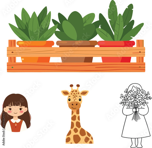 Cute lifestyle and nature vector set, houseplants, girl character, giraffe and floral illustration collection
