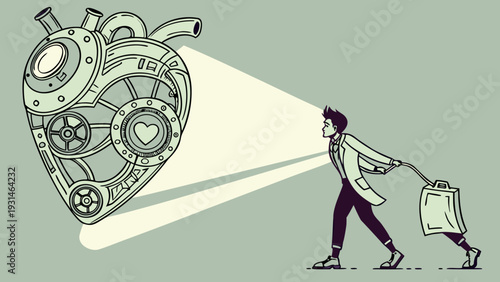 Man with shopping bag drawn to a glowing steampunk heart.