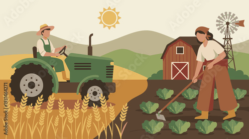 Farmers working on a rural agricultural farm illustration