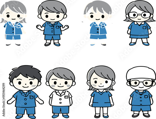 Cute nurse characters collection vector illustration with male and female medical staff in blue uniforms isolated