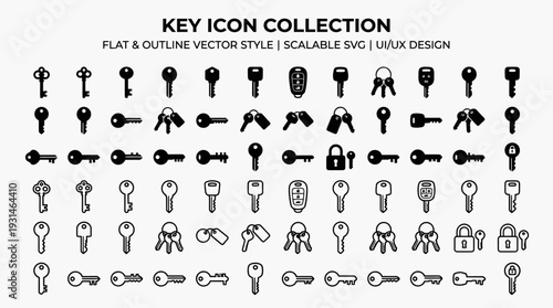 A professional key icon set showing multiple key designs in flat and outline styles. Perfect for security apps, login systems, locksmith branding, and access control graphics.