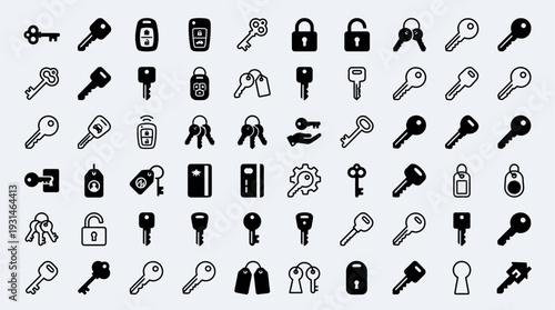 A professional key icon set showing multiple key designs in flat and outline styles. Perfect for security apps, login systems, locksmith branding, and access control graphics.