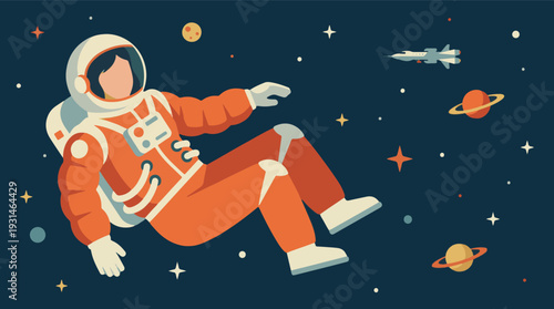 Astronaut floating in outer space with planets, stars, and a spaceship