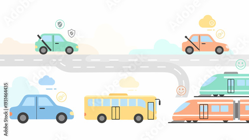 Diverse Transportation Methods Cars Bus and Trains on Roads.