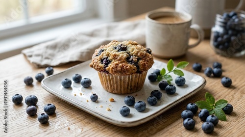 Homemade Blueberry Muffin with Fresh Berries and Coffee on Rustic Wooden Table