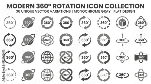 Modern vector collection of 360 degree rotation icons with various circular arrow styles.