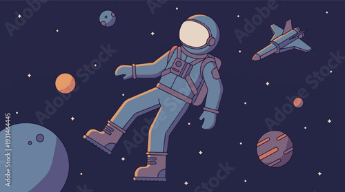 Astronaut floating in vast space surrounded by planets, stars, and a space shuttle