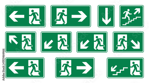 Collection of emergency exit signs with green background and white running man pictograms.