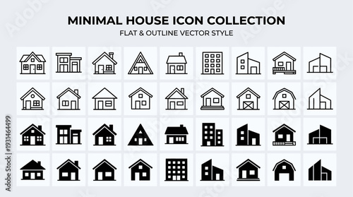 A modern set of house icons featuring multiple architectural styles in clean flat and outline vector format. Perfect for real estate, property apps, maps, and interface design.