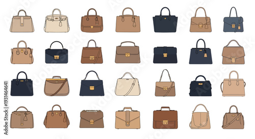Collection of hand drawn style handbag illustrations in various shapes and colors