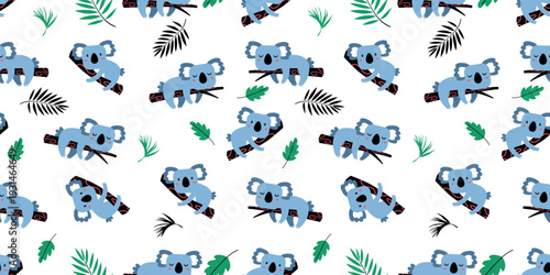 Seamless koala pattern featuring small adorable koalas combined with tropical leaves in a soft repeating layout