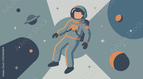 Astronaut floating in starry outer space with planets flat design